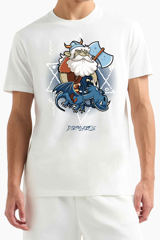 Dirtylabels Cool Dinosaur T-Shirt Featuring a Cartoon Viking and Dragon Design in White