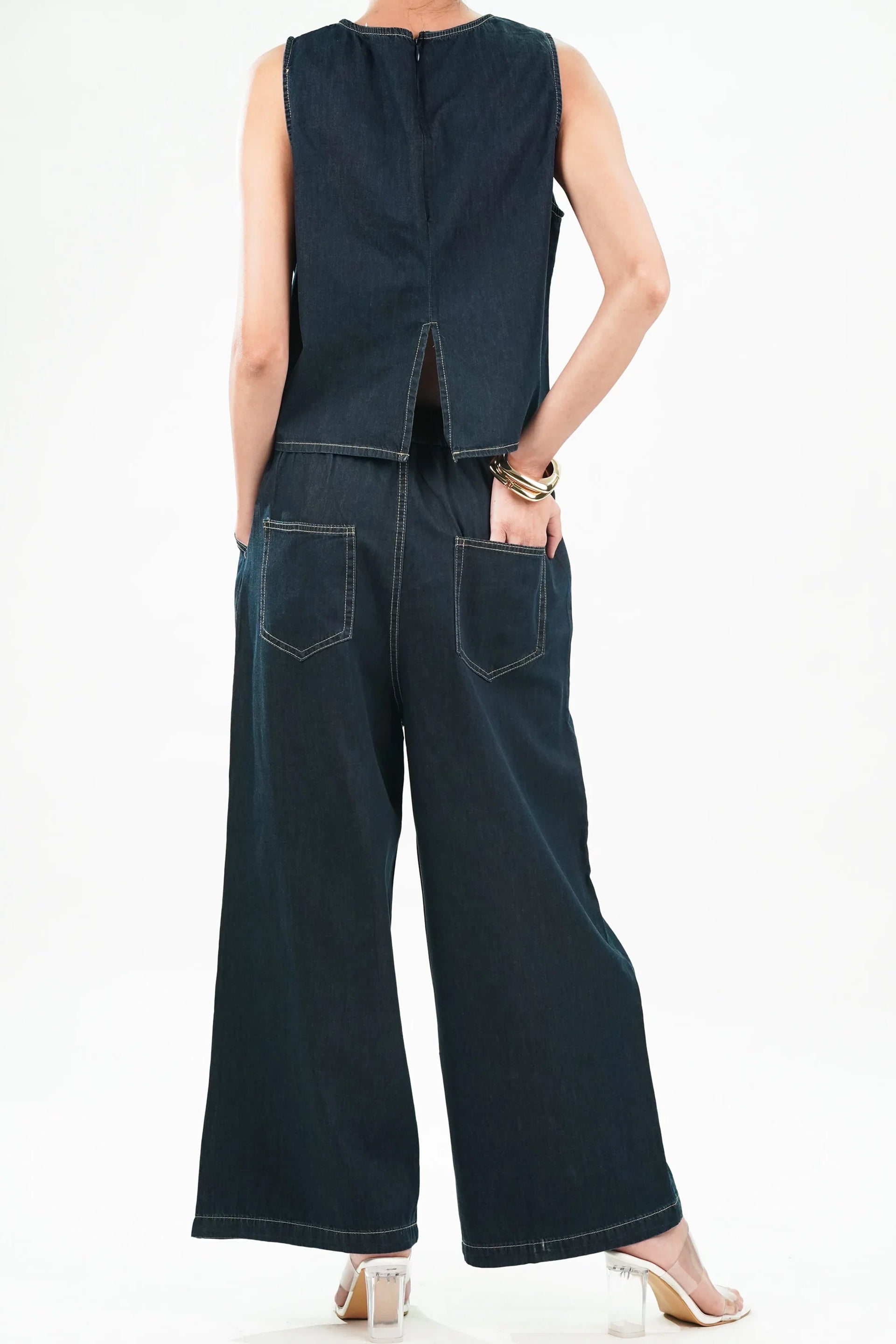 Stylish women's cotton denim co-ord set featuring a sleeveless top and wide-leg pants
