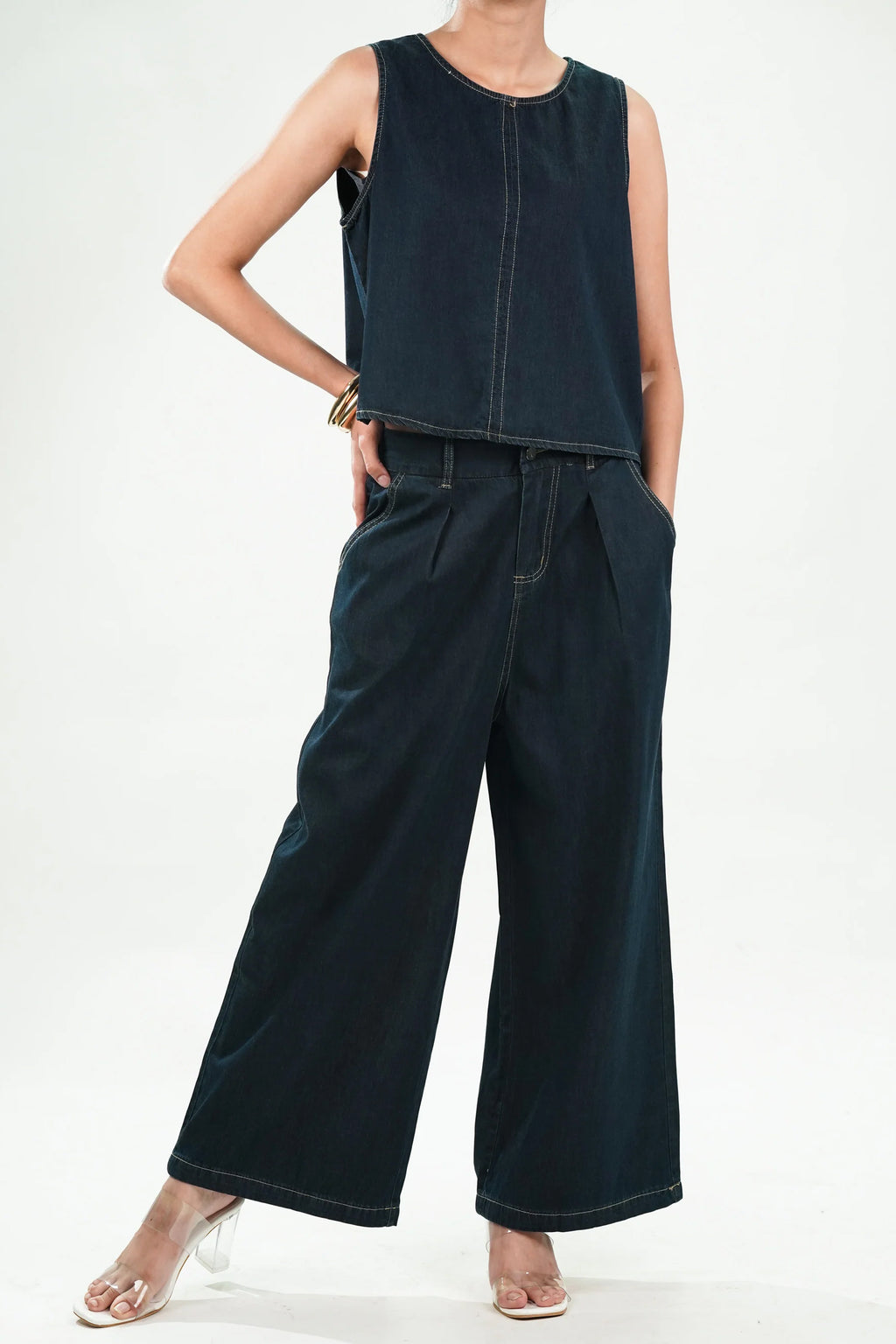 Stylish cotton denim co-ord set featuring a cropped top and wide-leg pants for a trendy look