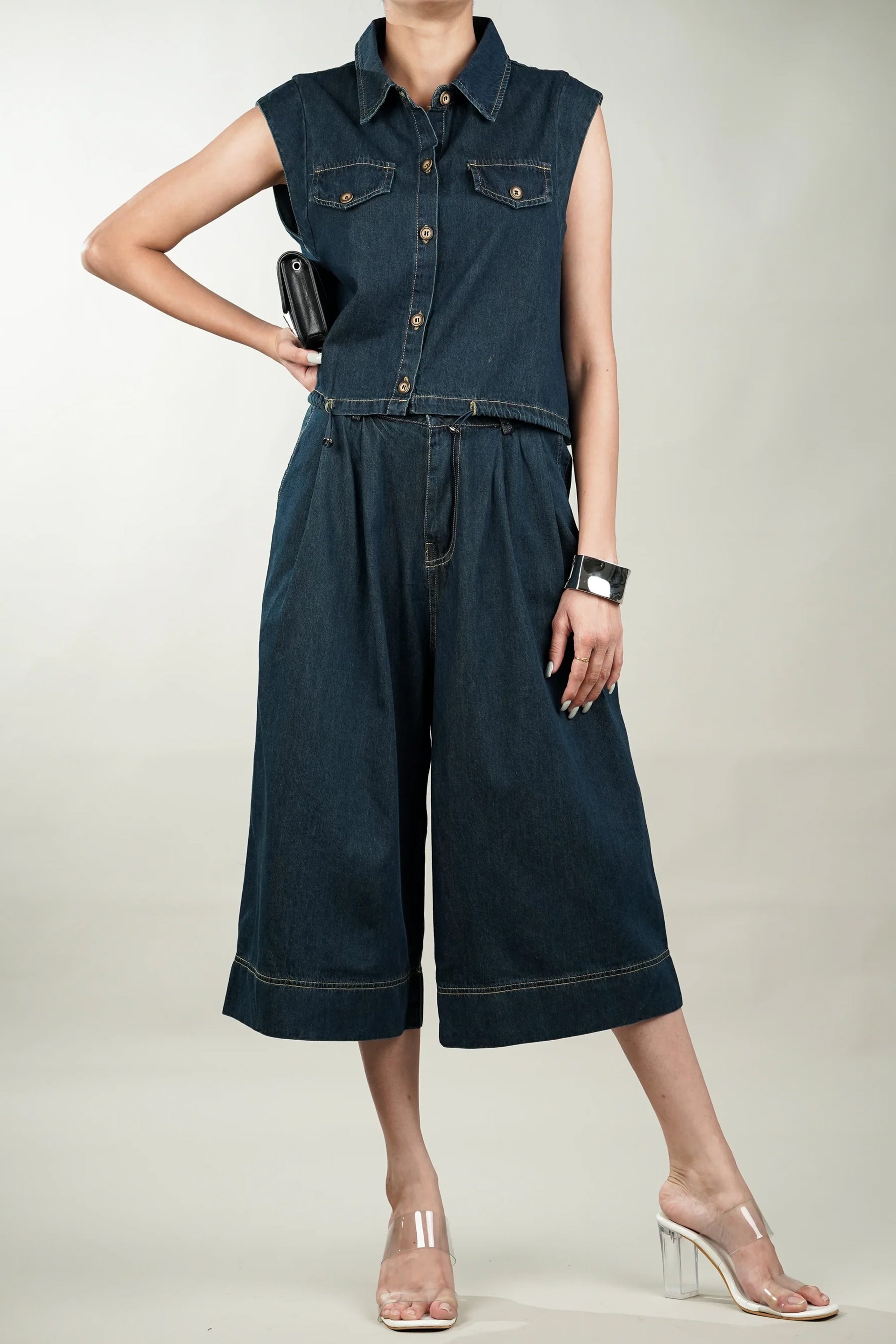 Cotton denim coord set featuring a sleeveless top and wide-leg culottes for a stylish, casual look