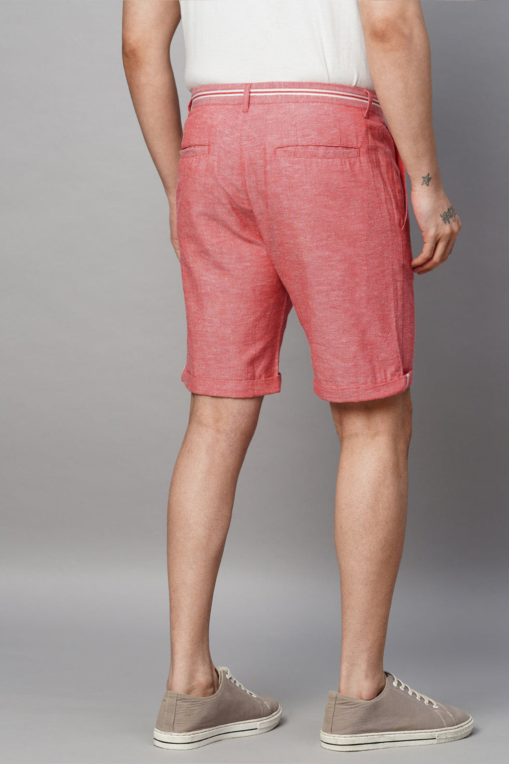 Stylish red cotton linen shorts for men with a comfortable fit and back pockets