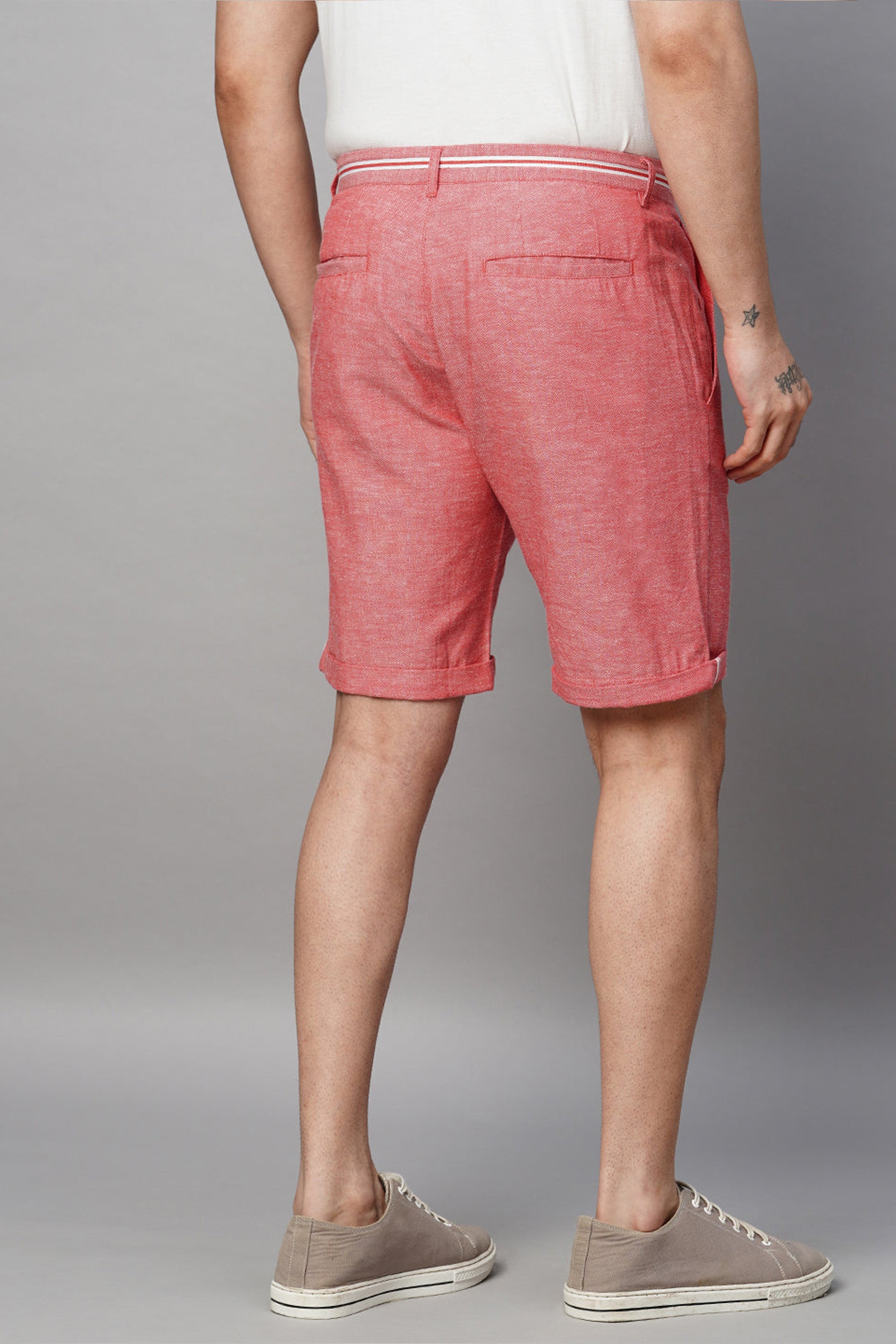 Stylish red cotton linen shorts for men with a comfortable fit and back pockets