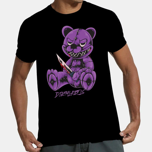 Creepy Bear graphic t-shirt featuring a purple bear holding a knife with a stitched design
