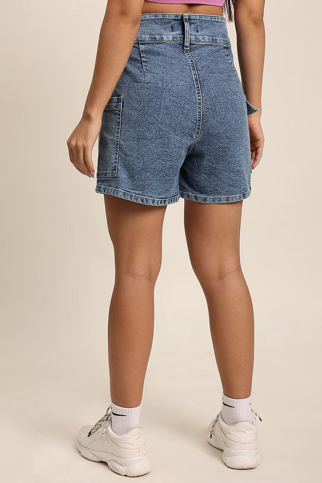 Back view of denim skorts for women featuring a comfortable fit and casual style