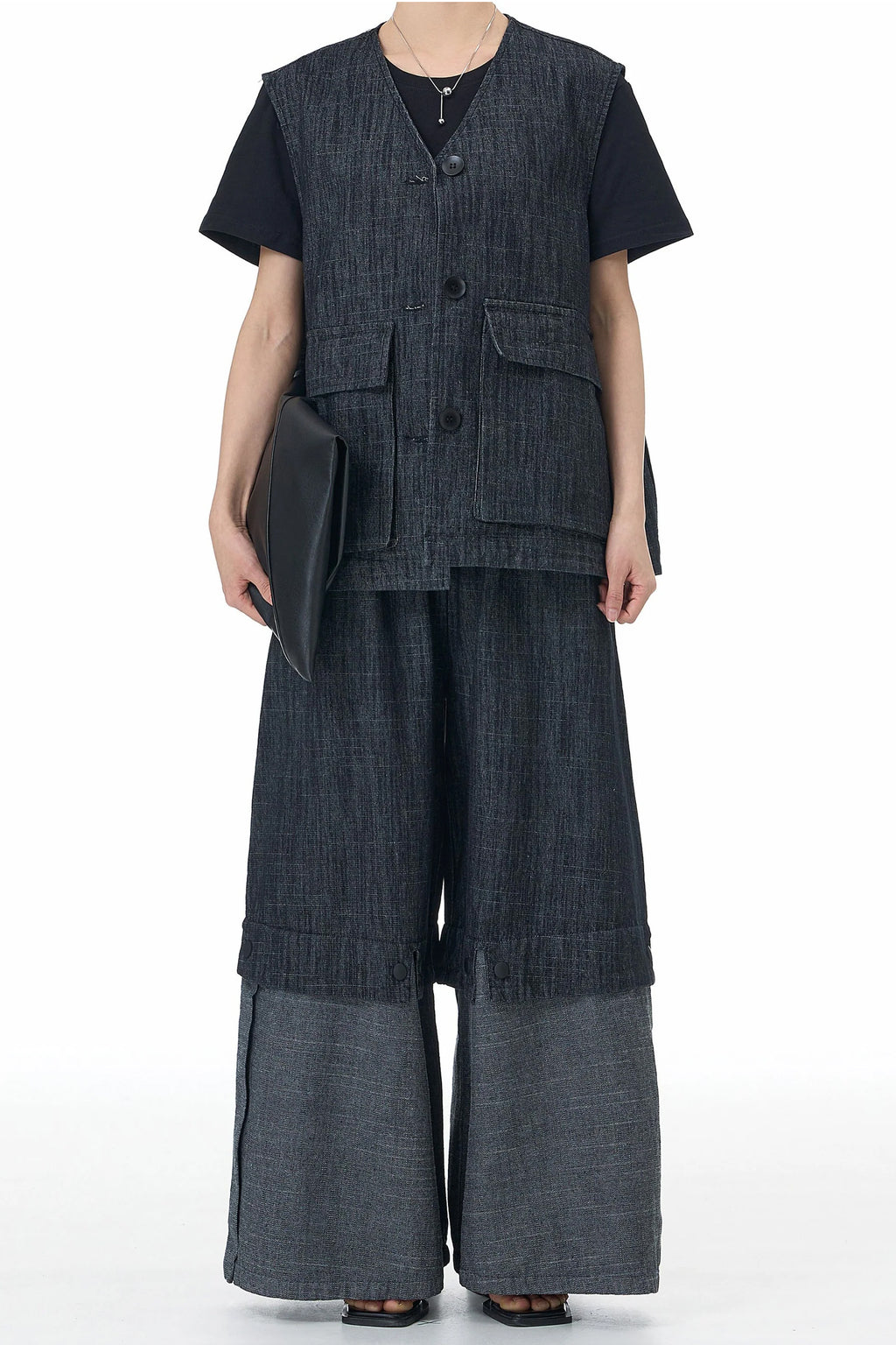 Dirtylabels denim waistcoat co-ord set featuring oversized trousers and a stylish vest for a modern look