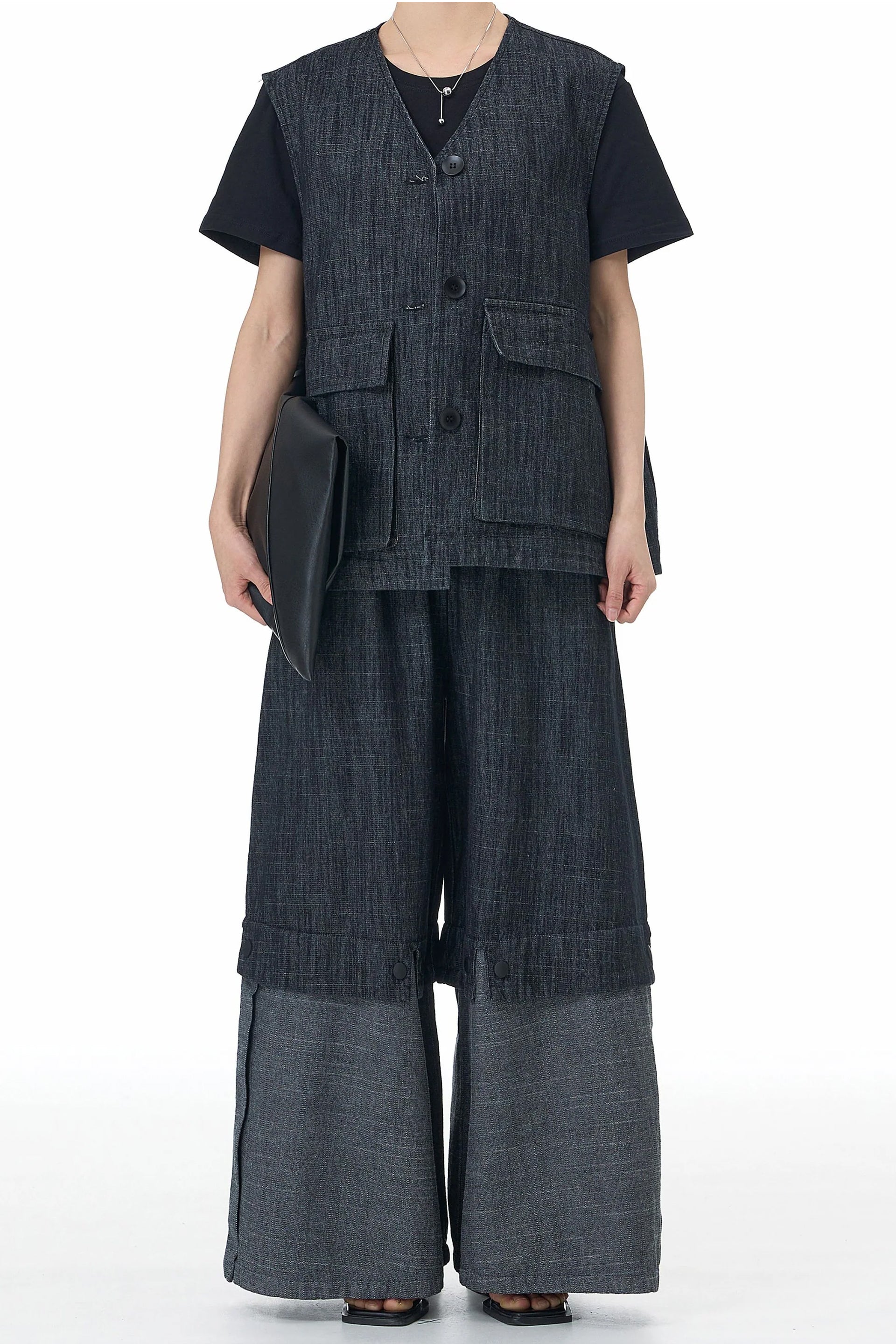 Dirtylabels denim waistcoat co-ord set featuring oversized trousers and a stylish vest for a modern look