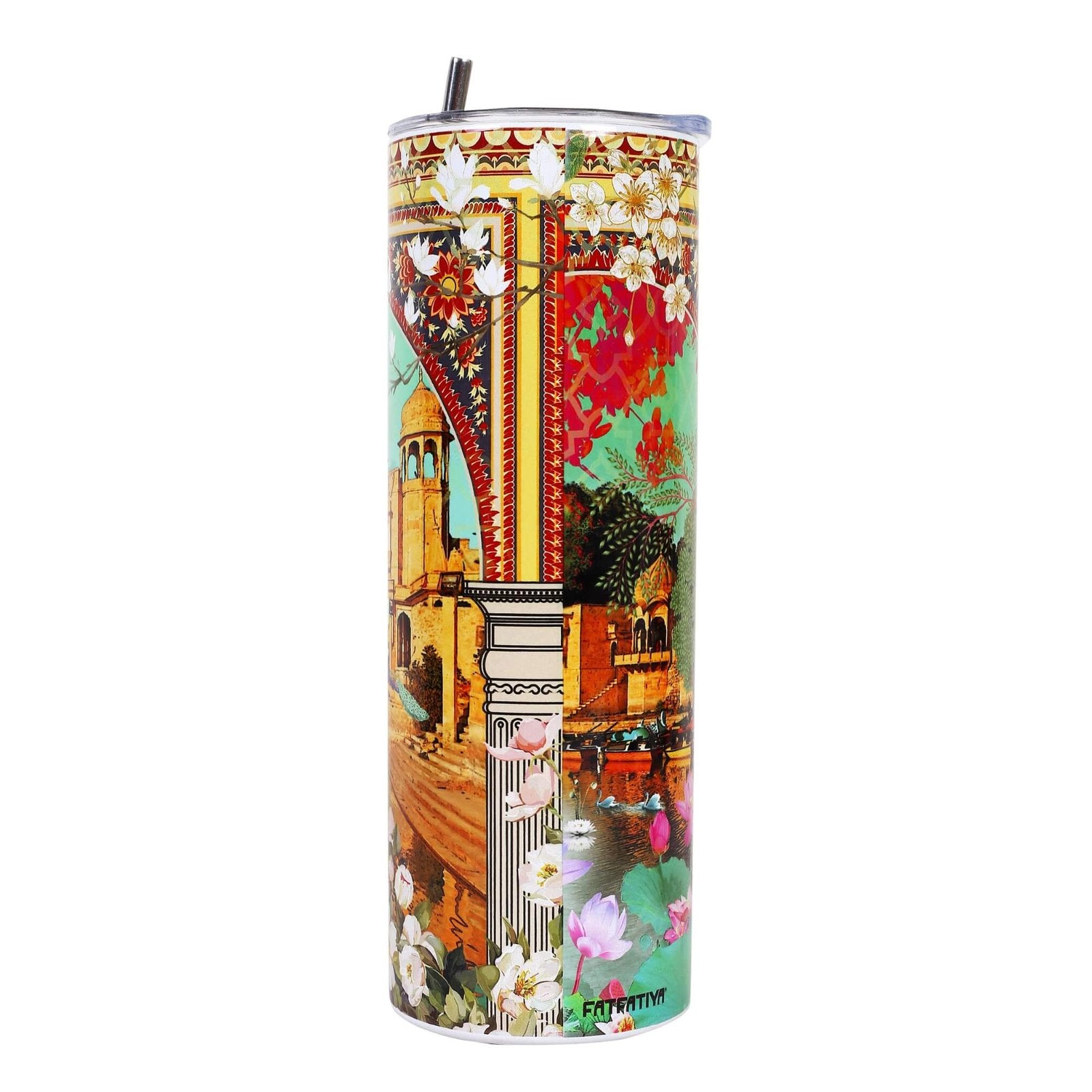 Fatfatiya designer coffee tumbler online with vibrant floral and architectural design