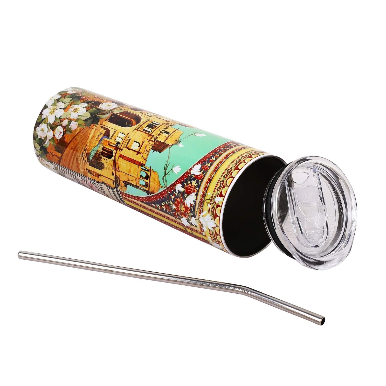 Fatfatiya designer coffee tumbler online with colorful floral design and stainless steel straw