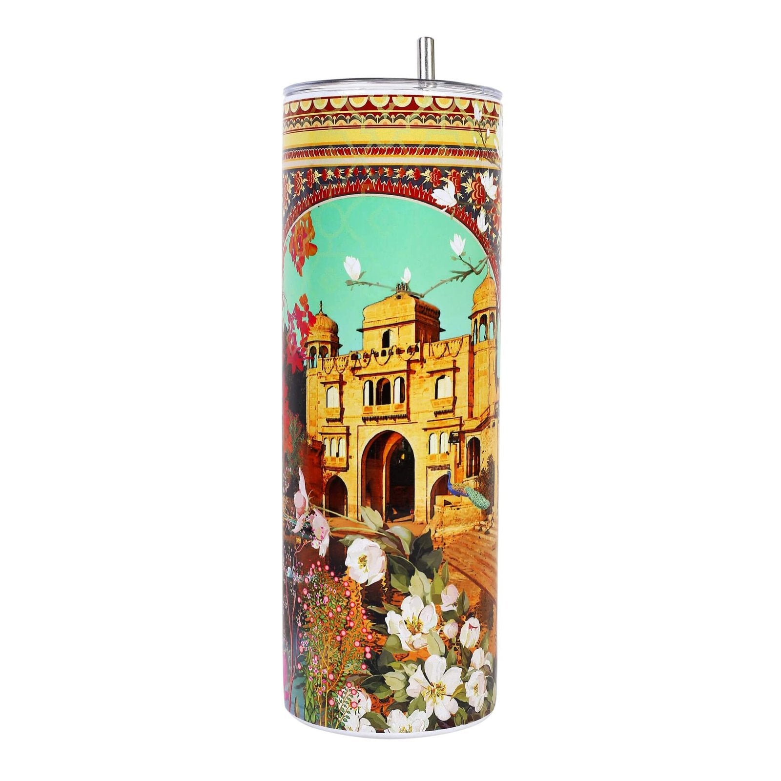 Fatfatiya designer coffee tumbler online featuring a colorful floral and architectural design