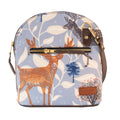 Designer crossbody bag India featuring a charming deer print on a blue background with a stylish zipper