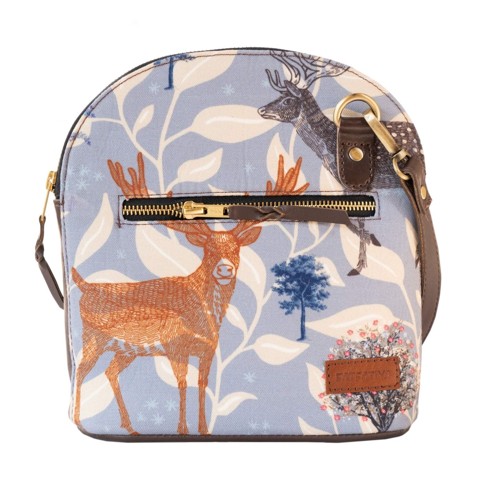 Designer crossbody bag India featuring a charming deer print on a blue background with a stylish zipper