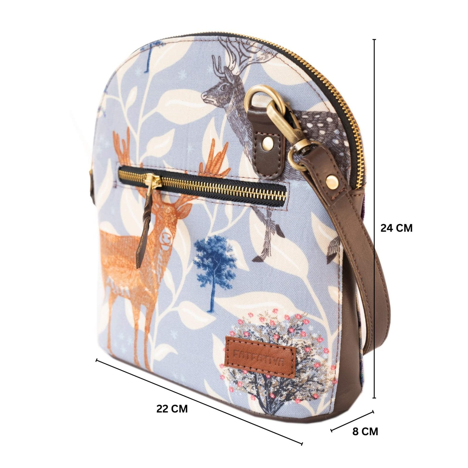 Fatfatiya Designer Crossbody Bag India featuring a floral and deer print in blue and brown