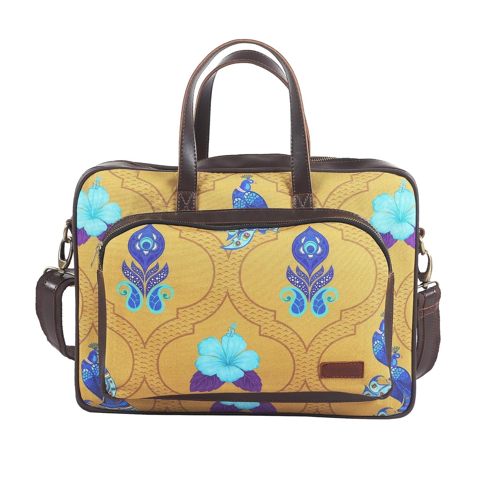Fatfatiya designer laptop bag for women with floral pattern and stylish brown handles