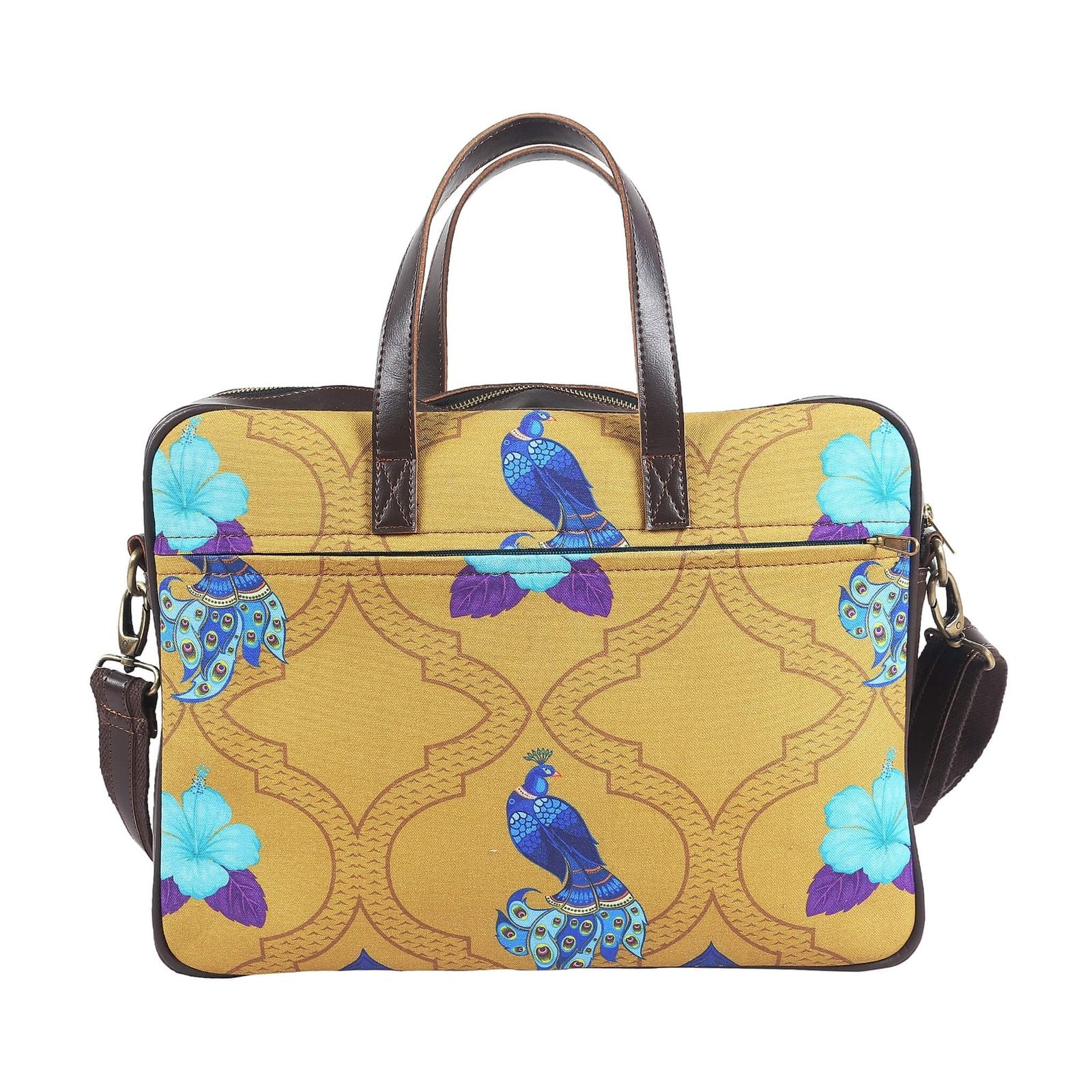 Fatfatiya designer laptop bag for women with vibrant peacock and floral patterns on a golden background