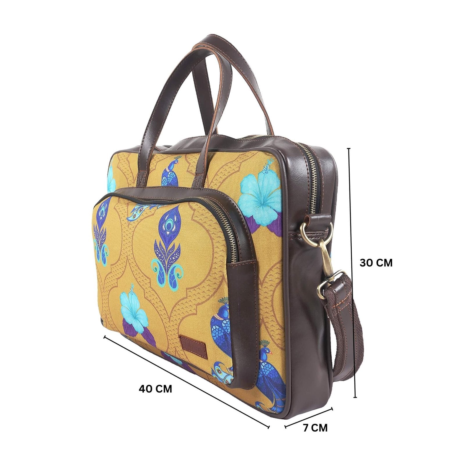 Fatfatiya designer laptop bag for women in yellow with blue floral design and multiple pockets