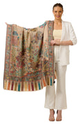 Elegant designer shikar-dar shawl for women displayed by model in stylish attire