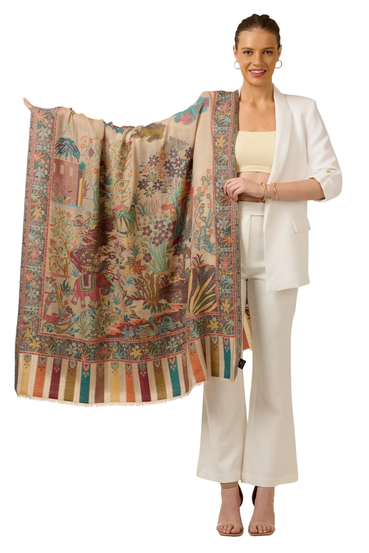 Elegant designer shikar-dar shawl for women displayed by model in stylish attire