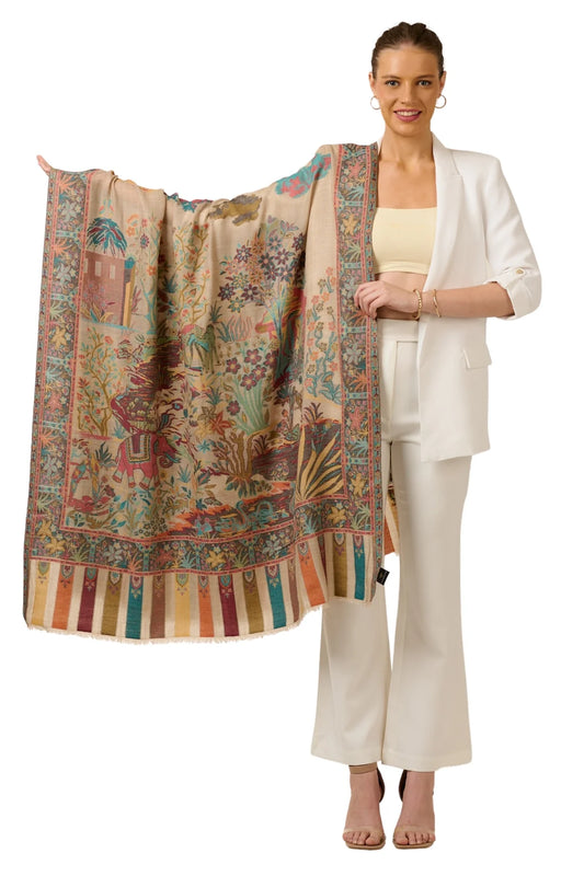 Elegant designer shikar-dar shawl for women displayed by model in stylish attire