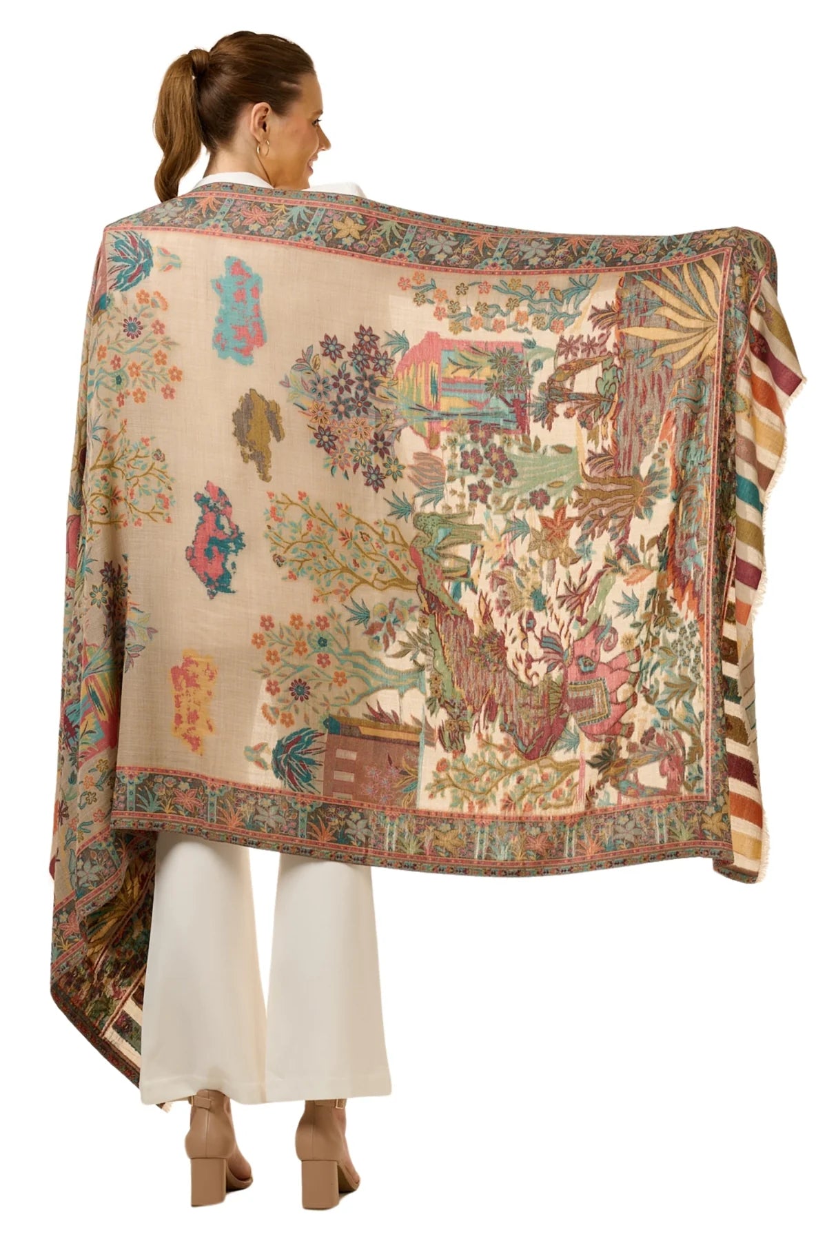 Elegant designer shikar-dar shawl for women featuring intricate floral and scenic patterns