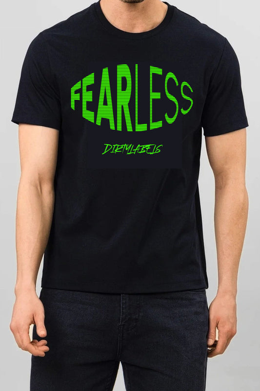 Black designer tee for men in India featuring a bold green 'FEARLESS' graphic print