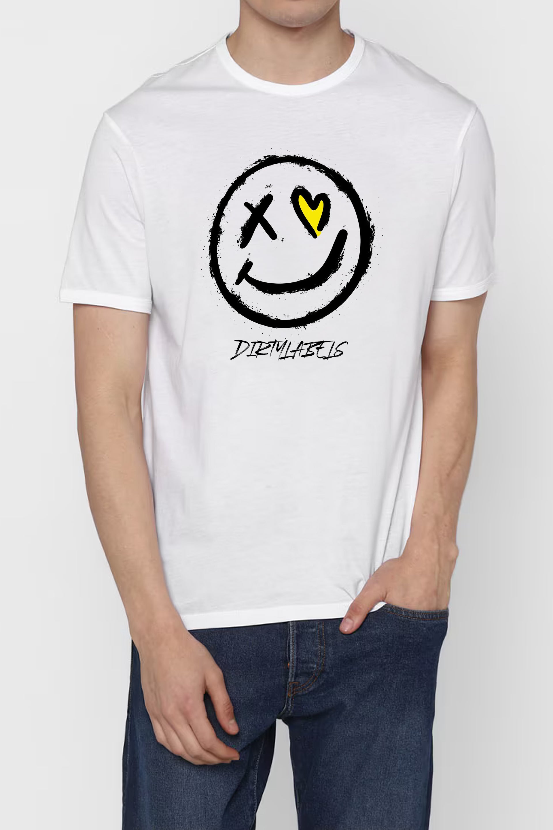 White graphic tee from Dirtylabels featuring a smiley face design, perfect for graphic tees India
