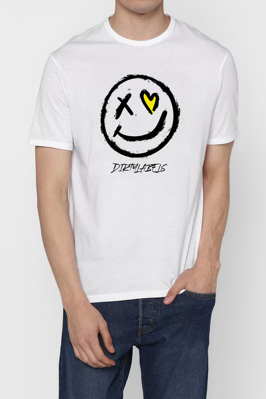 White graphic tee from Dirtylabels featuring a smiley face design, perfect for graphic tees India