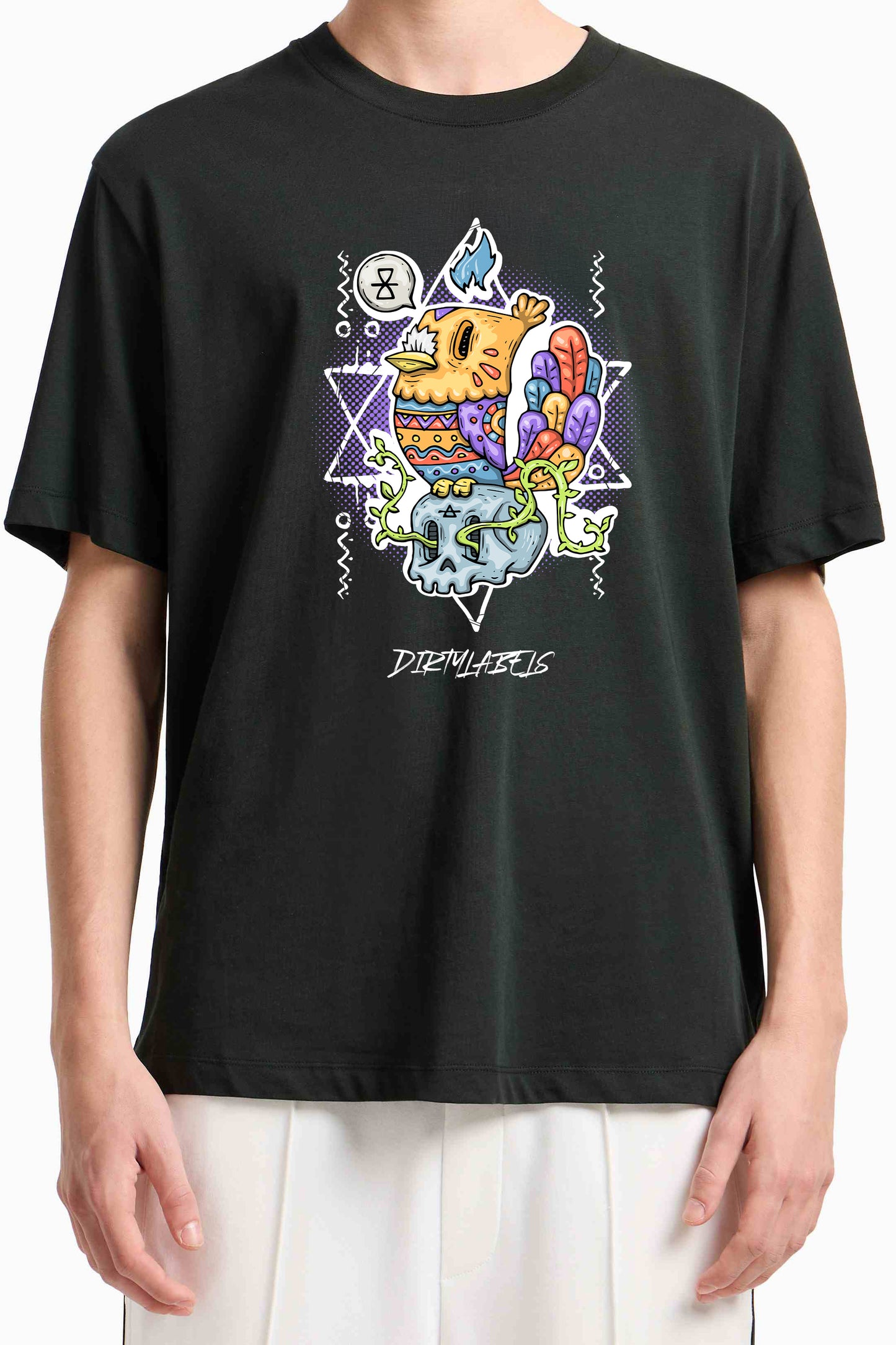 Dirty Bird graphic tee featuring a colorful cartoon design on a black t-shirt
