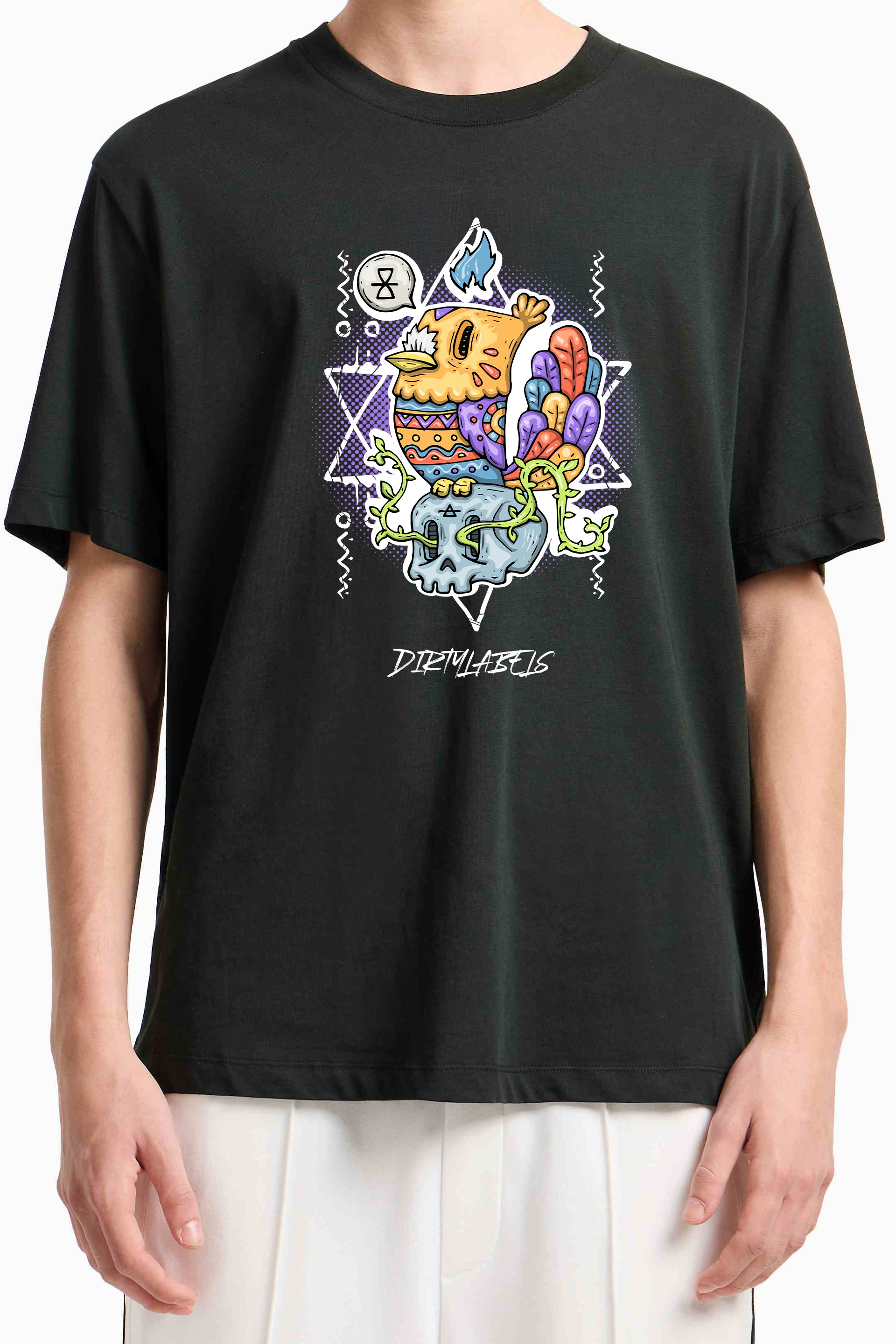 Dirty Bird graphic tee featuring a colorful cartoon design on a black t-shirt