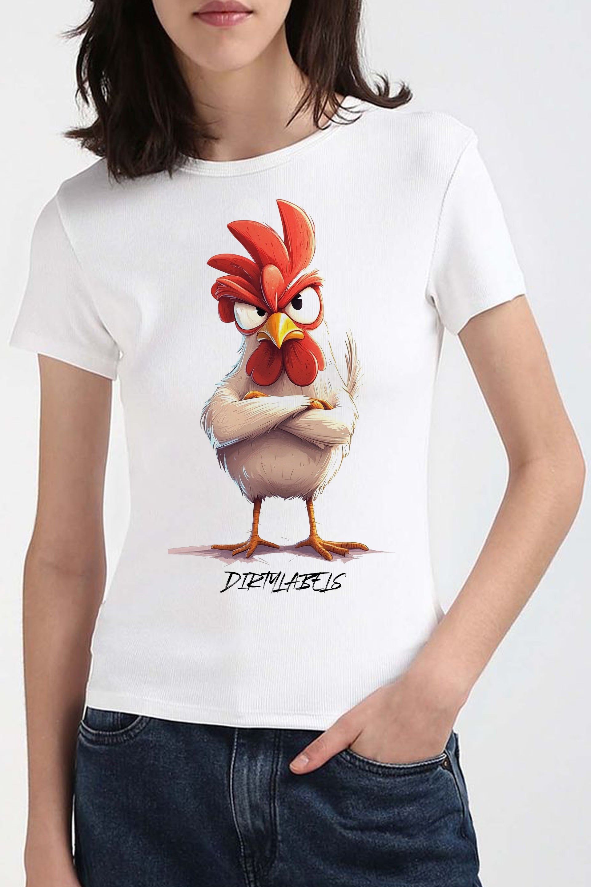 Dirty Hen t-shirt featuring a cartoon chicken with a sassy expression for a fun casual look