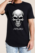 Dirtylabels biker skull t-shirt featuring a bold skull graphic in white on a black background