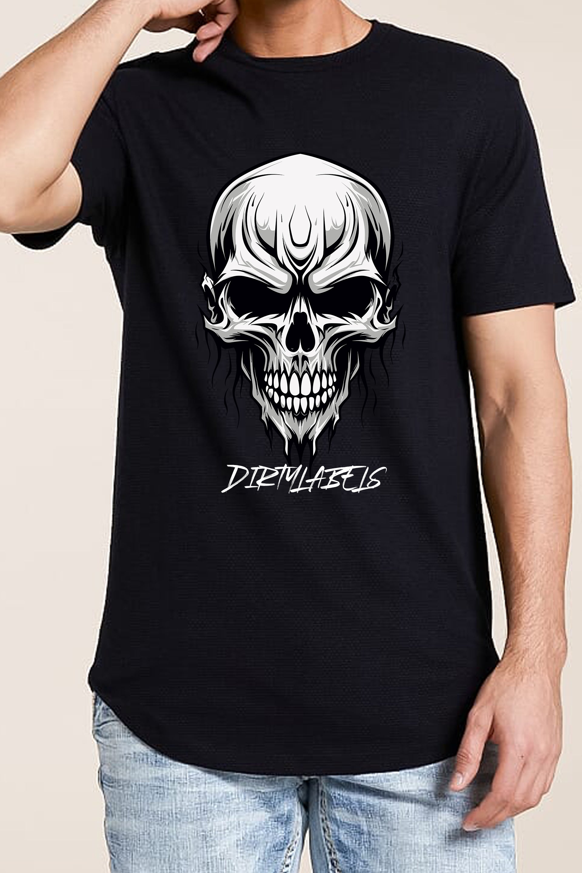 Dirtylabels biker skull t-shirt featuring a bold skull graphic in white on a black background