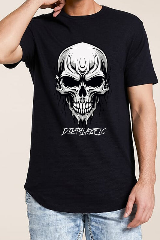Dirtylabels biker skull t-shirt featuring a bold skull graphic in white on a black background