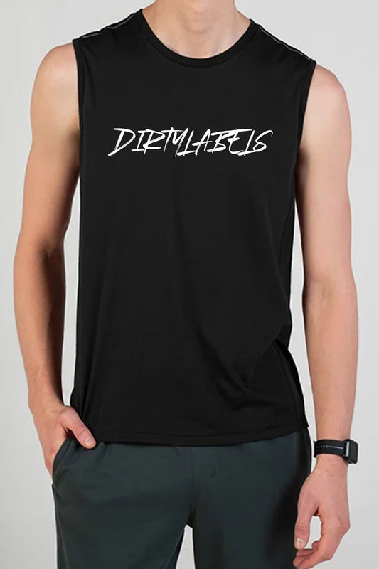 Men's black tank top men from DirtyLabels featuring a stylish logo design for casual wear