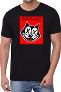 Black casual graphic tee from Dirty Labels featuring a playful cartoon cat design