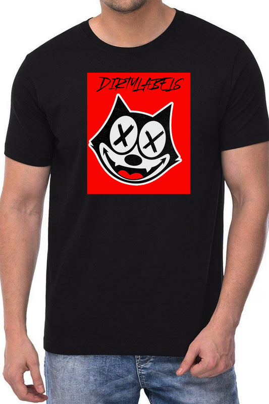 Black casual graphic tee from Dirty Labels featuring a playful cartoon cat design