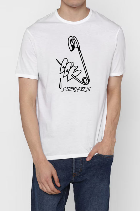 Men's white graphic t-shirt India featuring a bold safety pin design by Dirtylabels