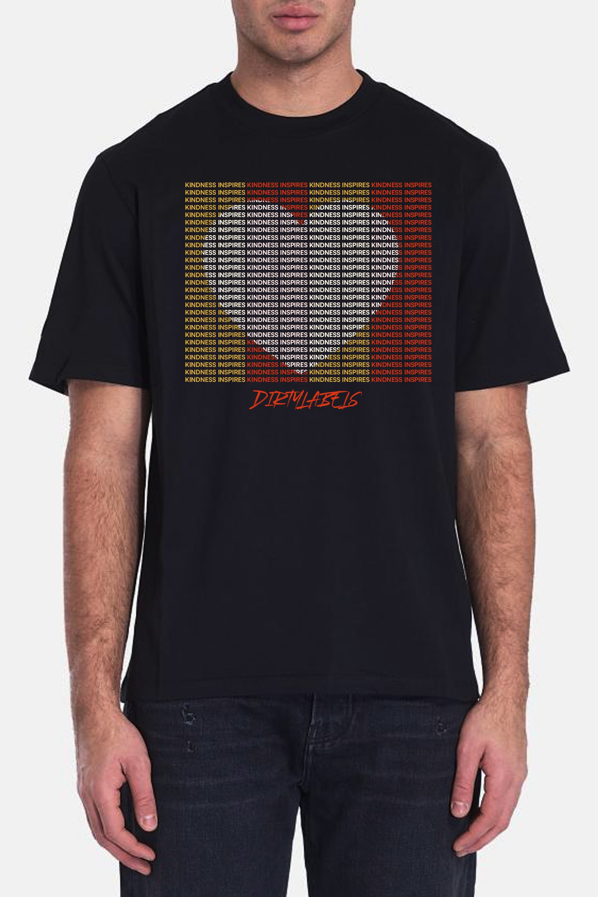 Black Kindness Inspires T-Shirt featuring a colorful heart graphic and bold text design