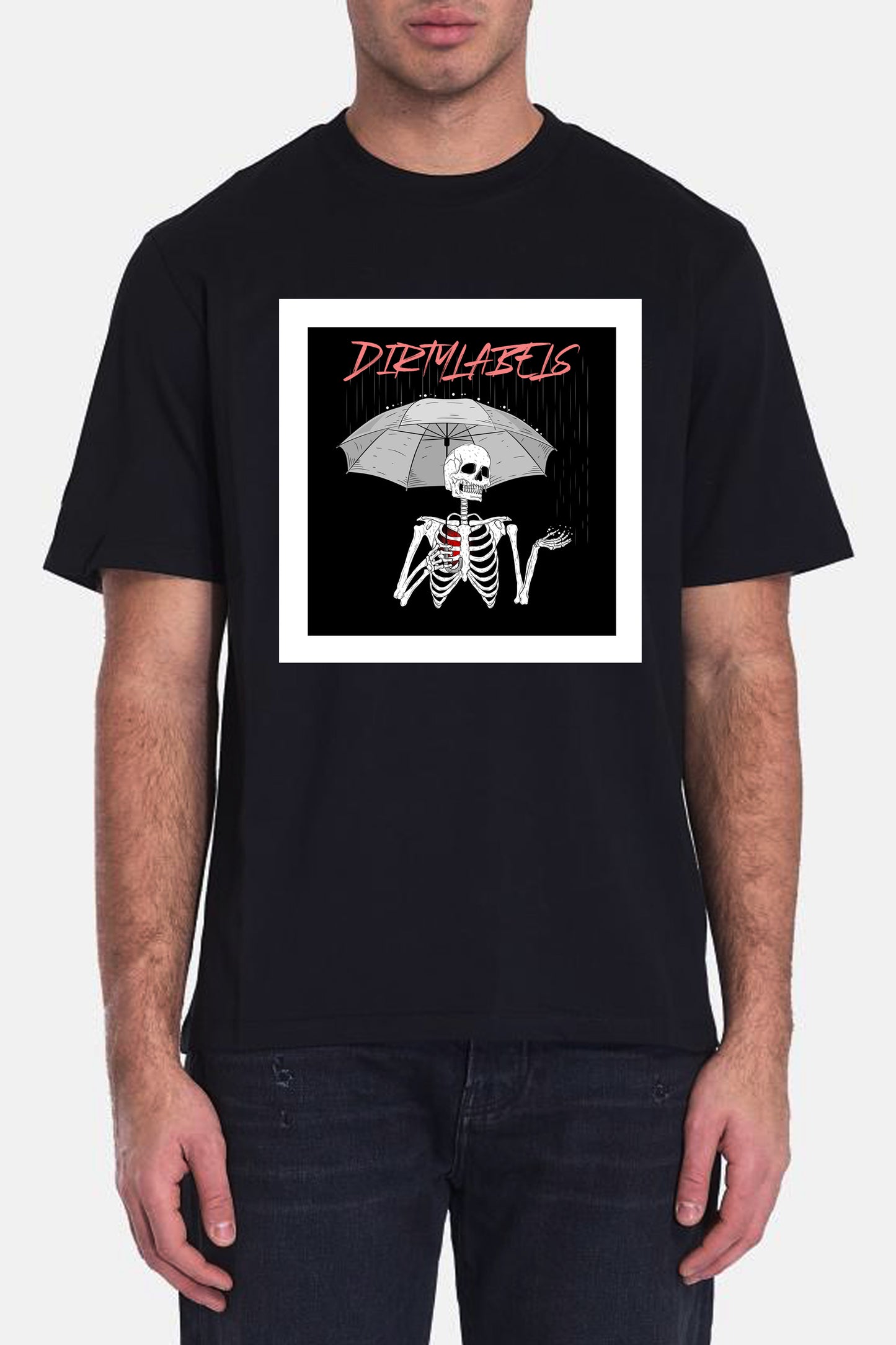 Black Dirtylabels T-shirt featuring a skeleton under an umbrella, perfect matching tshirts for couples