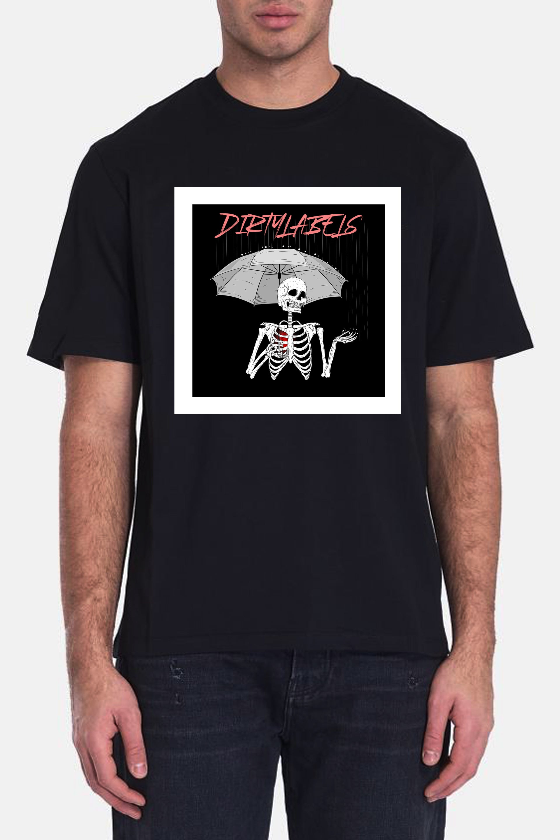 Black Dirtylabels T-shirt featuring a skeleton under an umbrella, perfect matching tshirts for couples