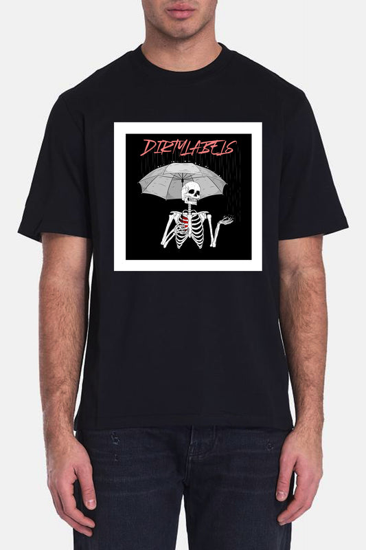 Black Dirtylabels T-shirt featuring a skeleton under an umbrella, perfect matching tshirts for couples