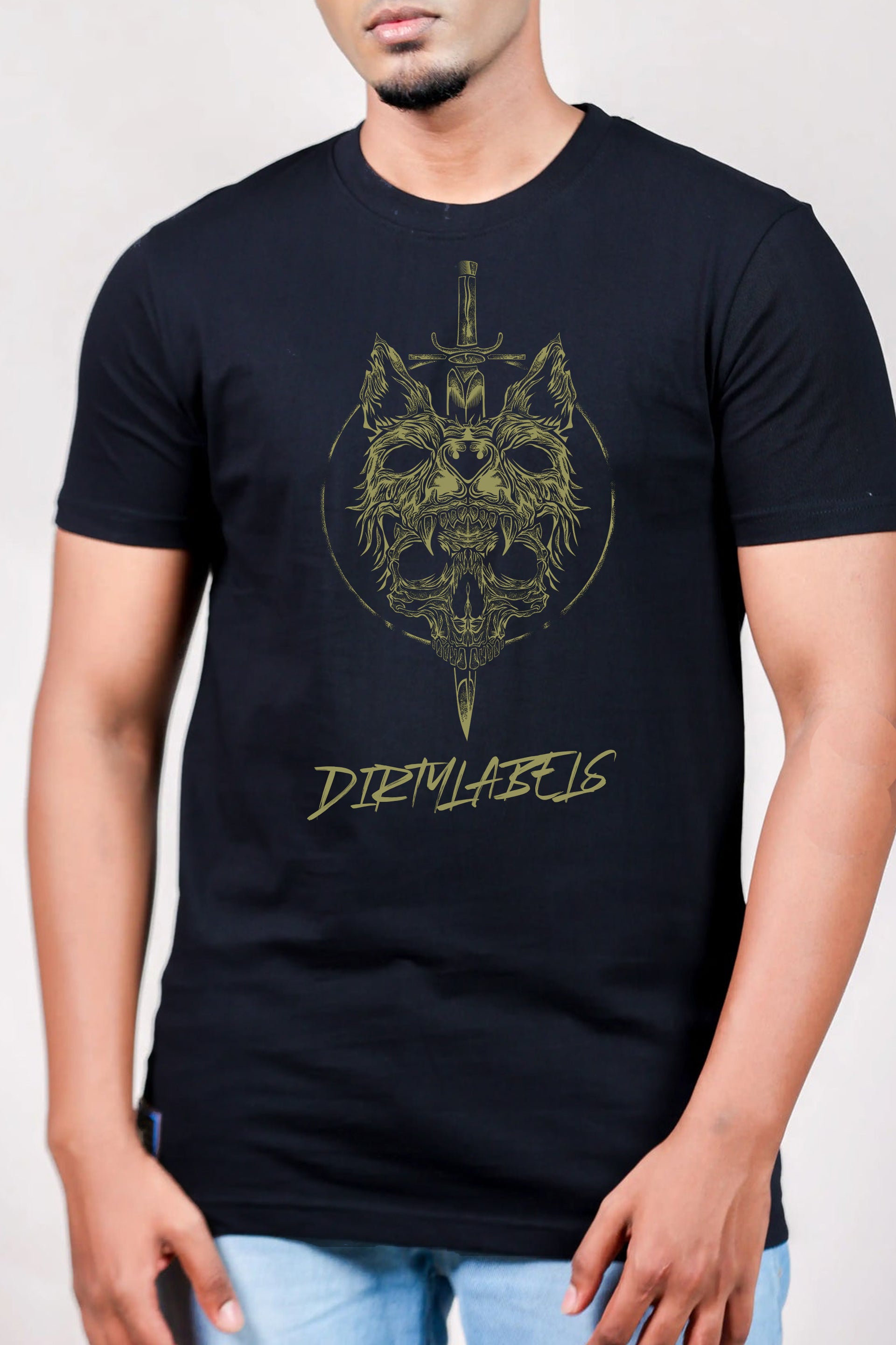 Black Dirtylabels T-Shirt featuring a unique wolf graphic, perfect streetwear for men
