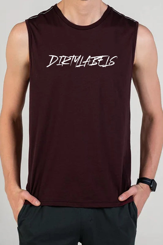 Maroon Dirtylabels summer tank top for men with a stylish logo design