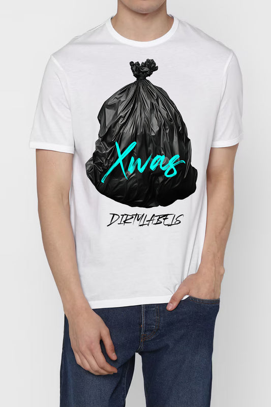 Stylish white trendy graphic tee with black garbage bag design by Dirtylabels in India