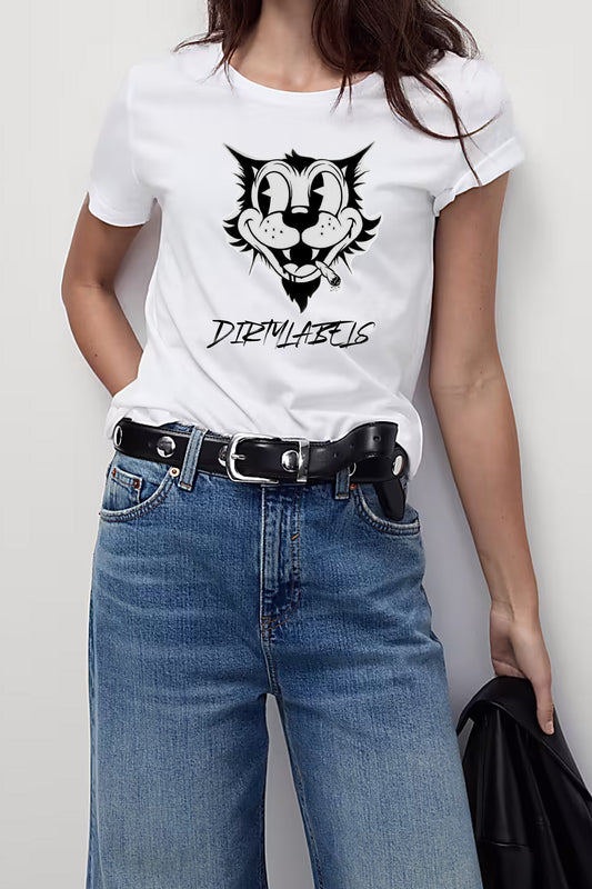 Dirtylabels women's fashion t-shirt in white with a playful graphic print featuring a lion design