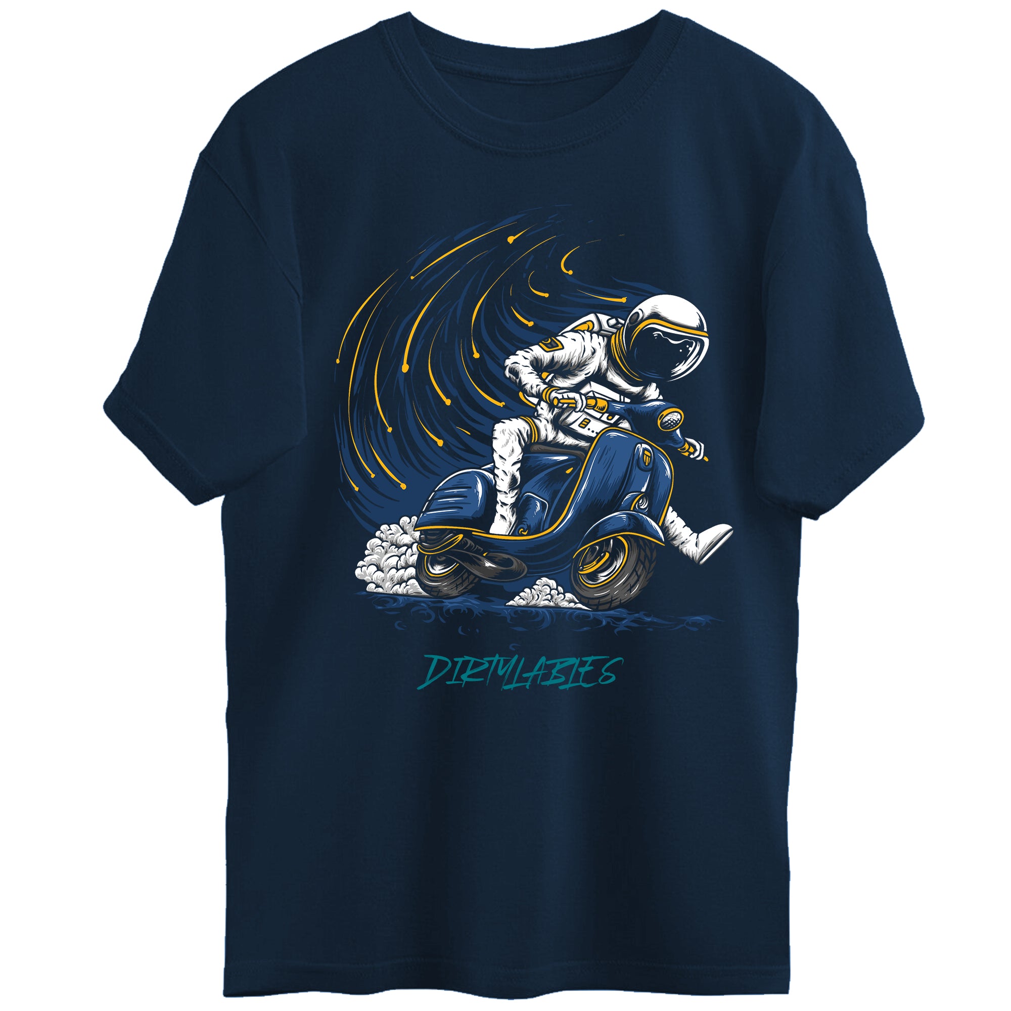 Dirty Labels Astronaut Graphic T-Shirt featuring an astronaut riding a scooter in vibrant colors