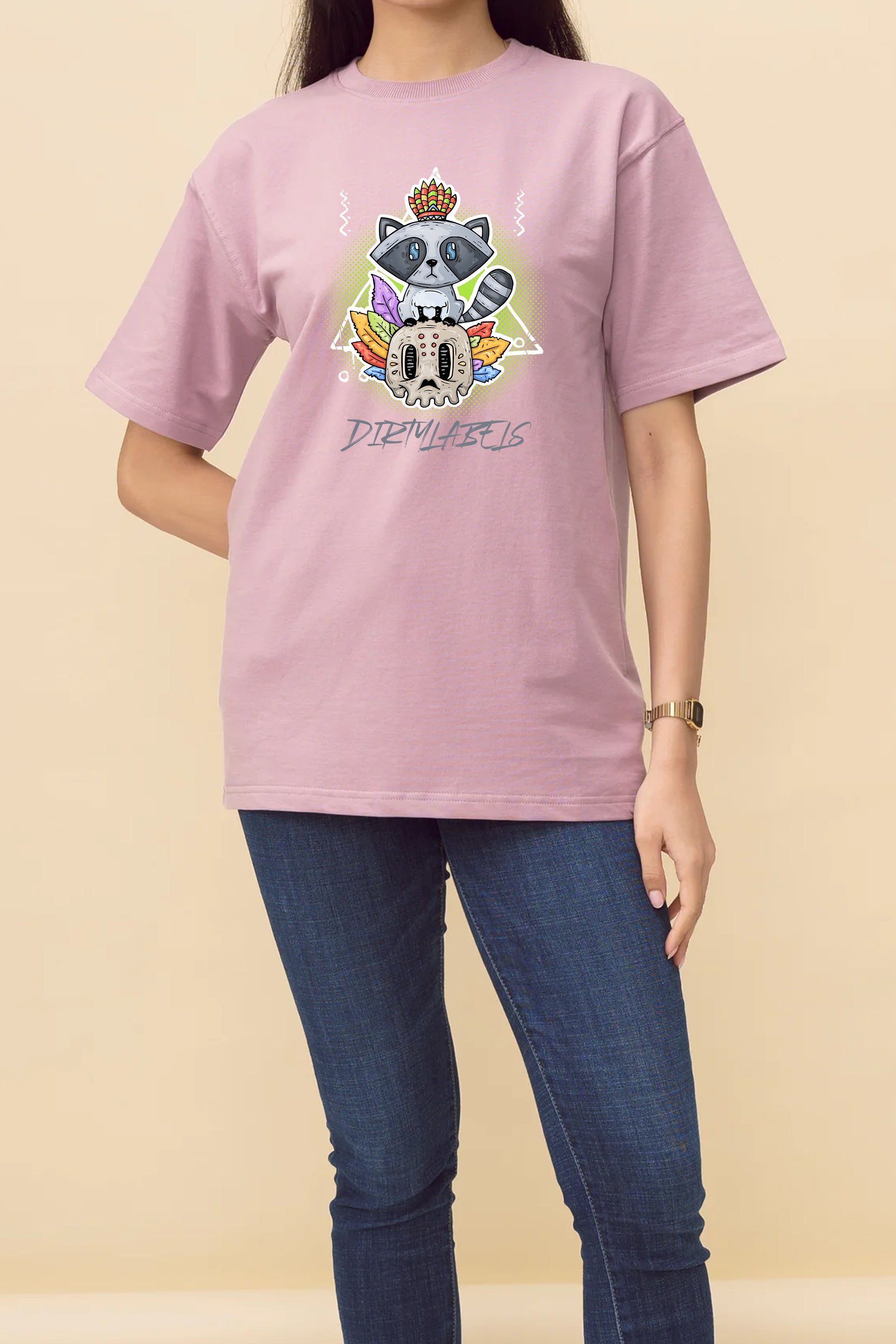 Model wearing a pink unisex T-shirt Dirtylabels with colorful graphic design for casual wear