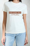 Cream t-shirt with 'THEY DONT TALK' print, available at Dirtylabels clothing online