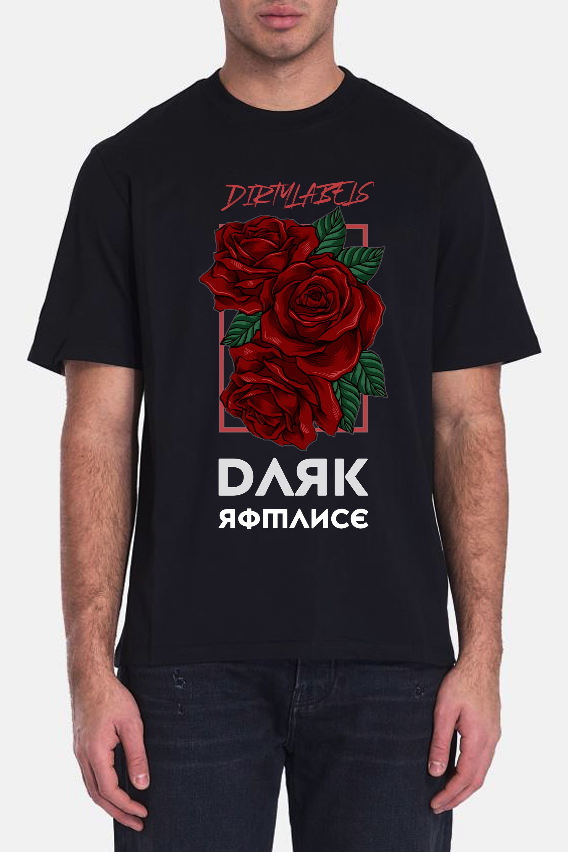 Dirtylabels Dark Romance Premium T-Shirt featuring red roses on a black background