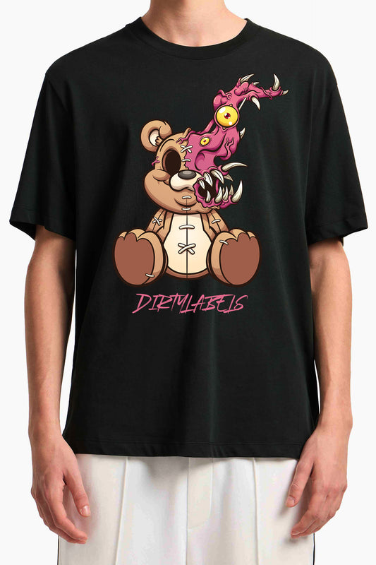 Dirtylabels fashionable horror t-shirt featuring a cartoon bear with a fierce creature emerging from its head