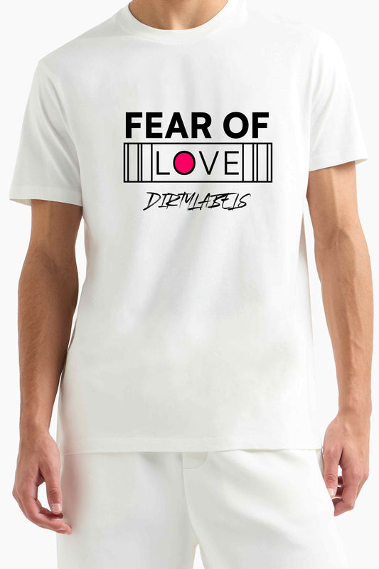Fear Of Love graphic t-shirt in white featuring bold black text and a pink accent for a trendy look